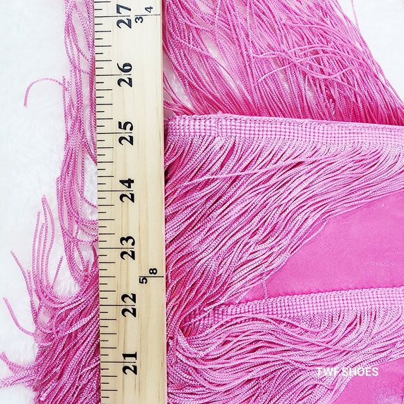 Gogo Fringed Thread Tassle OTK Thigh High Pink Satin High Heel Boots - Picture 13 of 14